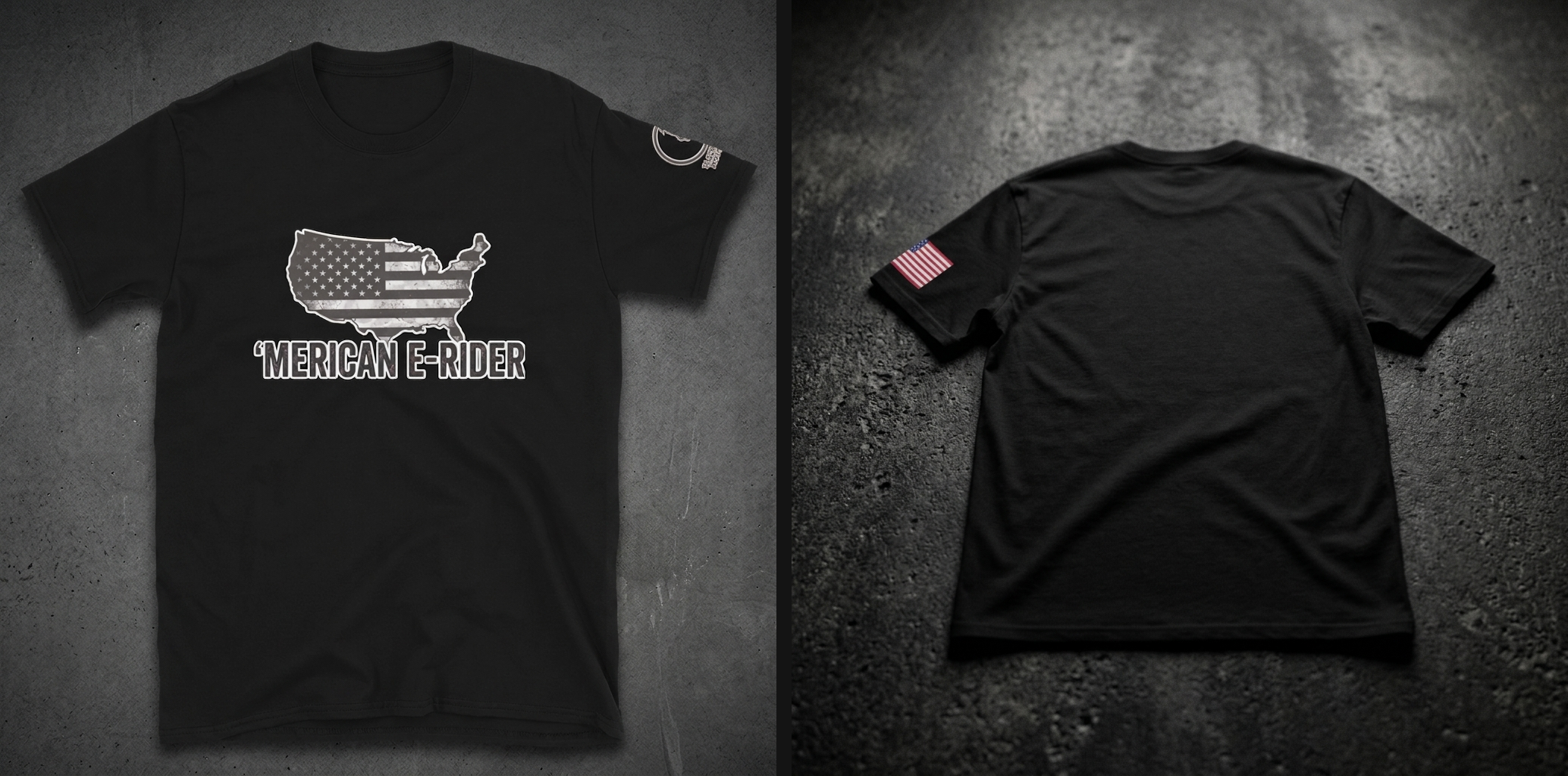 'MERICAN E-RIDER FLAG TEE — on model
