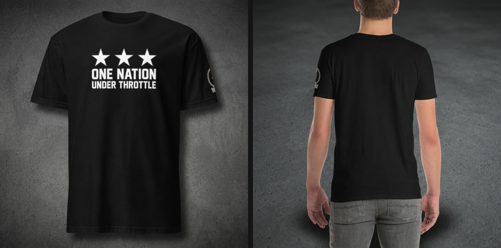 ONE NATION UNDER THROTTLE TEE — on model